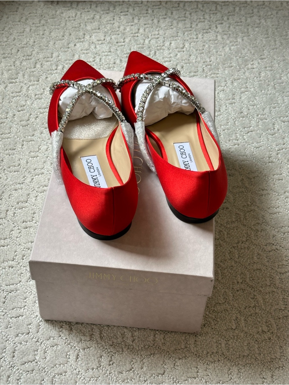 Jimmy Choo Red Satin Pointed Flats with Crystal Cross Straps. Size 40 - Picture 2 of 6